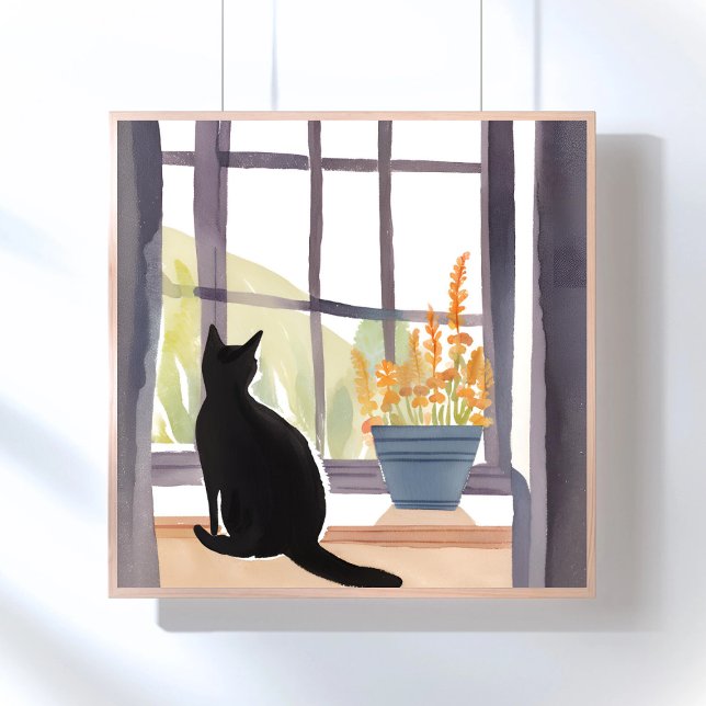 Poster Chat sur Appui de Fenêtre | Silhouette Aquarelle  (Créateur téléchargé)