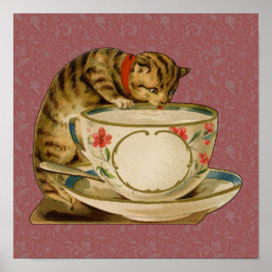 Poster Chat Tasse à Thé Mignon Vintage Victorien Animal C