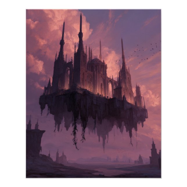 Poster Château gothique flottant dans la lumière rose du  (Devant)