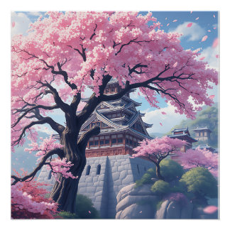 Poster Château japonais au printemps sous les fleurs de c