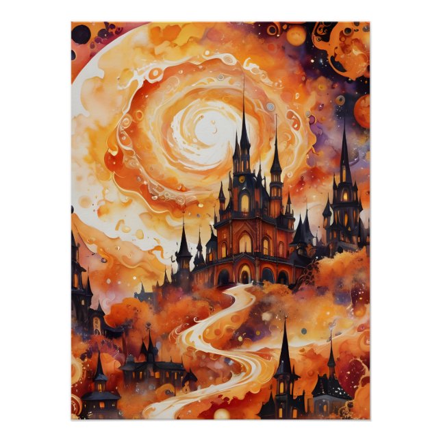 Poster Château Spiral éffrayant - Halloween Orange (Devant)