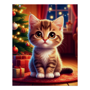 Poster Chaton assis à côté d'un sapin de Noël lumineux