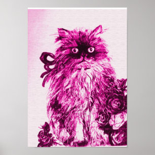 Poster CHATON AUX ROSES ,Rose Fuchsia Blanc