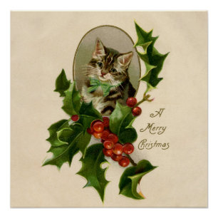 Poster Chaton de Noël victorien au houx antique tabby