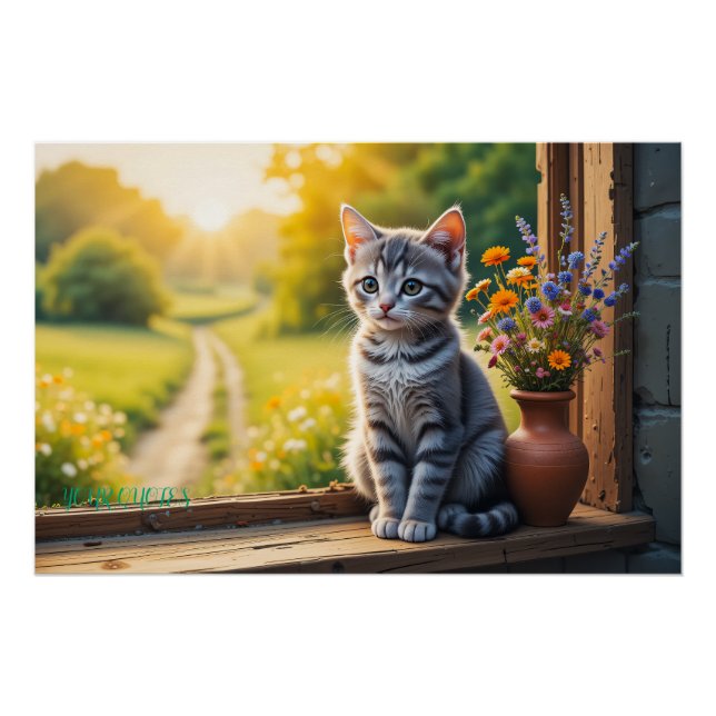 Poster Chaton Tabby Mignon près de la Fenêtre avec Fleurs (Devant)