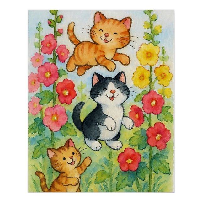 Poster Chats de campagne folâtrant dans un jardin fleuri (Devant)