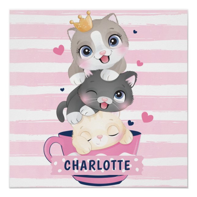 Poster Chats de dessin animé mignons empilés rayures rose (Devant)