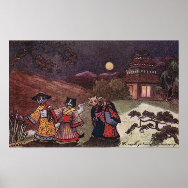 Poster Chats en Kimonos Promenade nocturne (Devant)