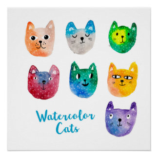 Poster Chats et amis à l'aquarelle