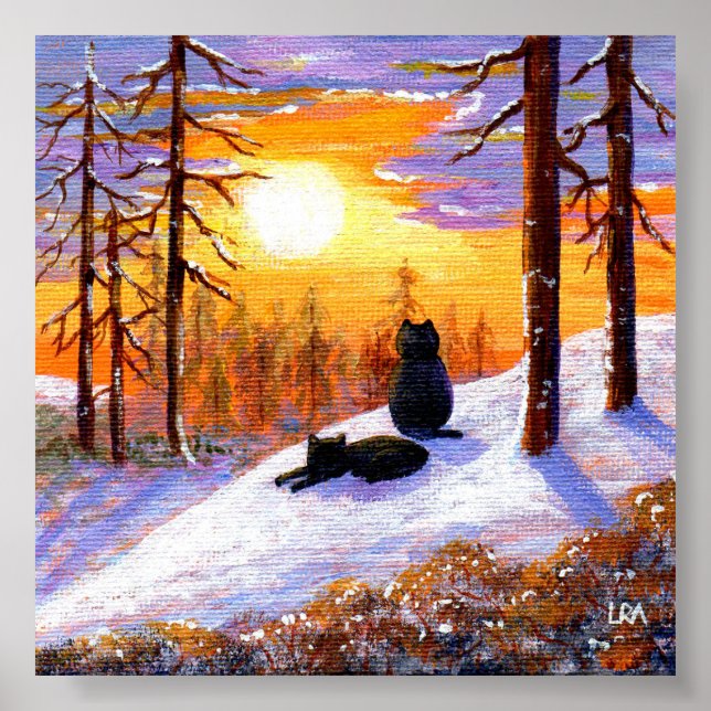 Poster Chats noirs d'hiver Forêt de neige Créationarts (Devant)