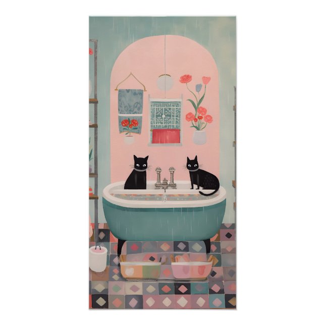 Poster Chats noirs rétro mignons dans la salle de bain ro (Devant)