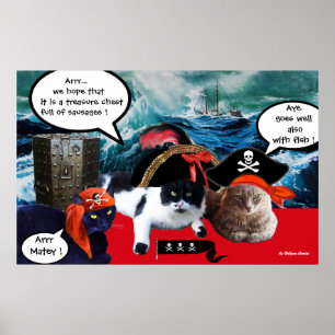 POSTER CHATS PIRATES PARLANT ET NAVIRE DANS LA TEMPÊTE EN