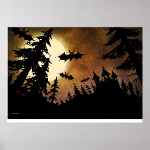 Poster Chauves-souris d'Halloween, Château et Lune