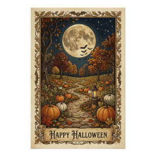 Poster Chemin de citrouilles éclairé par la lune Hallowee