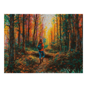 Poster Chemin de la forêt d'automne randonneur Art numéri