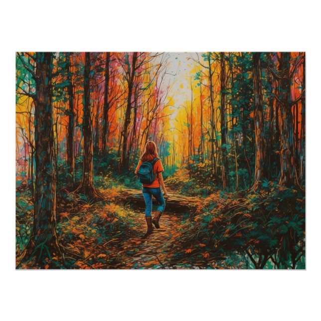 Poster Chemin de la forêt d'automne randonneur Art numéri (Devant)