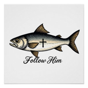 Poster Chemise chrétienne avec gravure vintage Poisson de