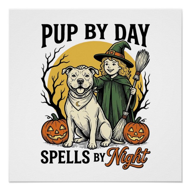 Poster Chemise de sorcière de chien d'Halloween Gravure v (Devant)