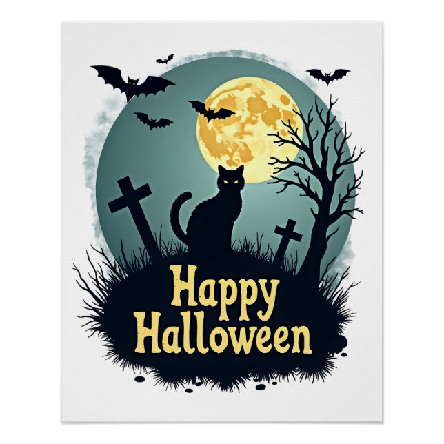 Poster Chemise Joyeux Halloween avec Chat dans Cimetière  (Devant)