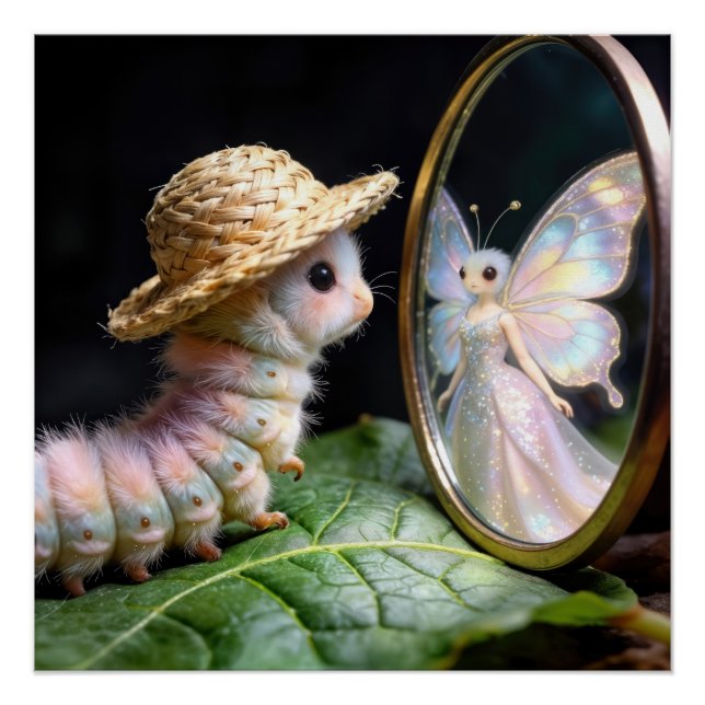 Poster Chenille floue regardant un papillon fée (Devant)