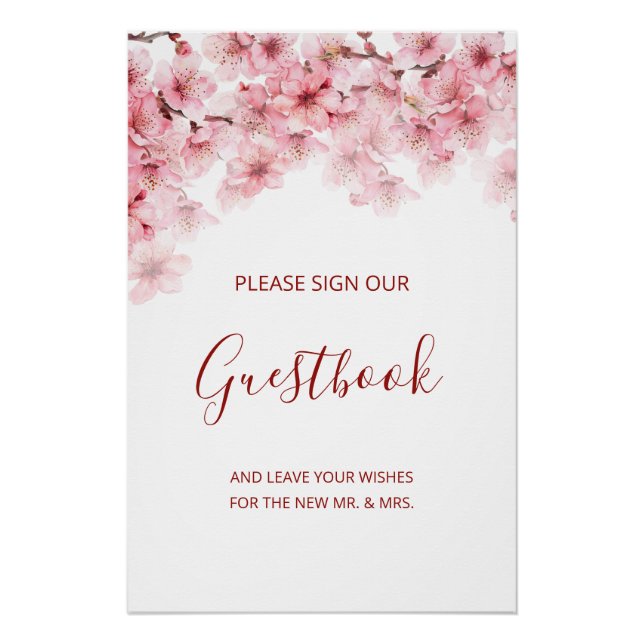 Poster Cherry Blossom Pink White Wedding Guestbook  (Devant)