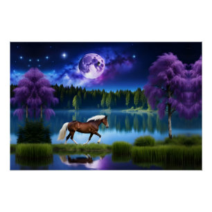 Poster Cheval belge Palomino sous ciel étoilé violet