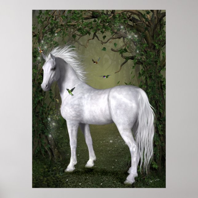 Poster Cheval blanc dans les bois avec colibris Imprimer (Devant)