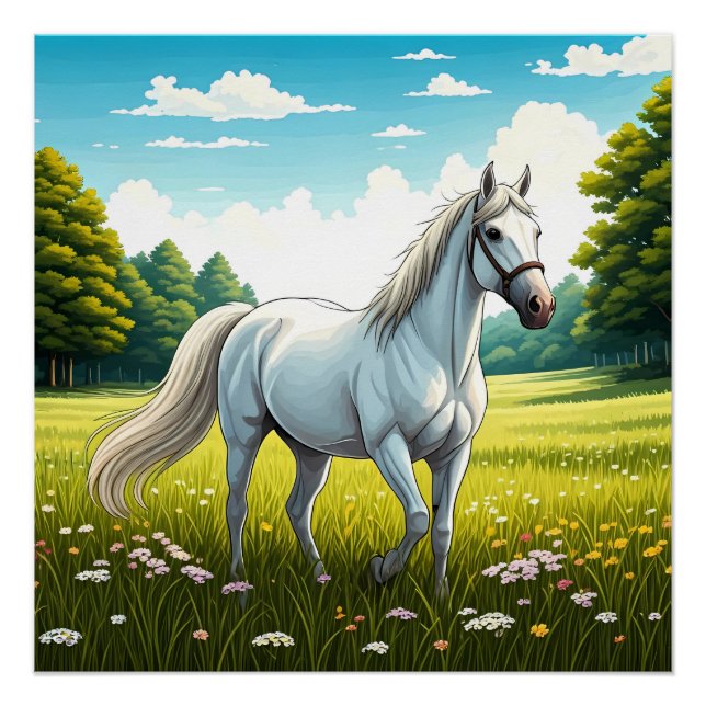 Poster Cheval blanc debout dans un champ d'herbe (Devant)