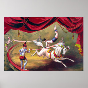 Poster Cheval de cirque vintage et clowns en anneaux Acro