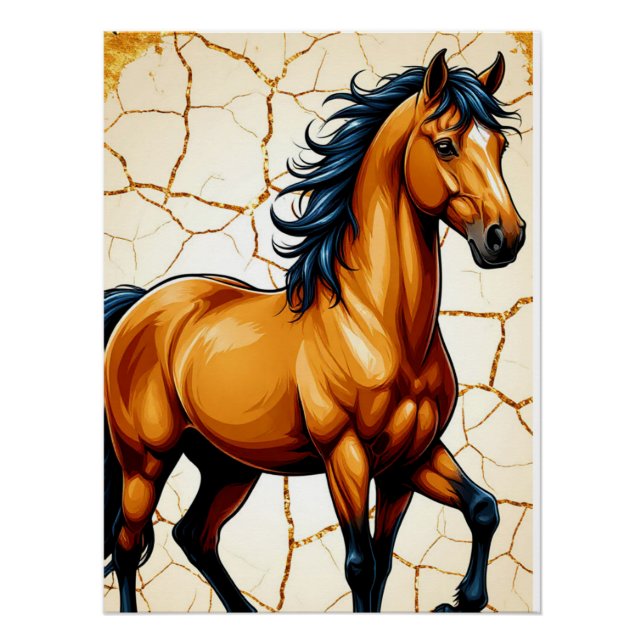 Poster Cheval doré à la crinière noire fluide (Devant)