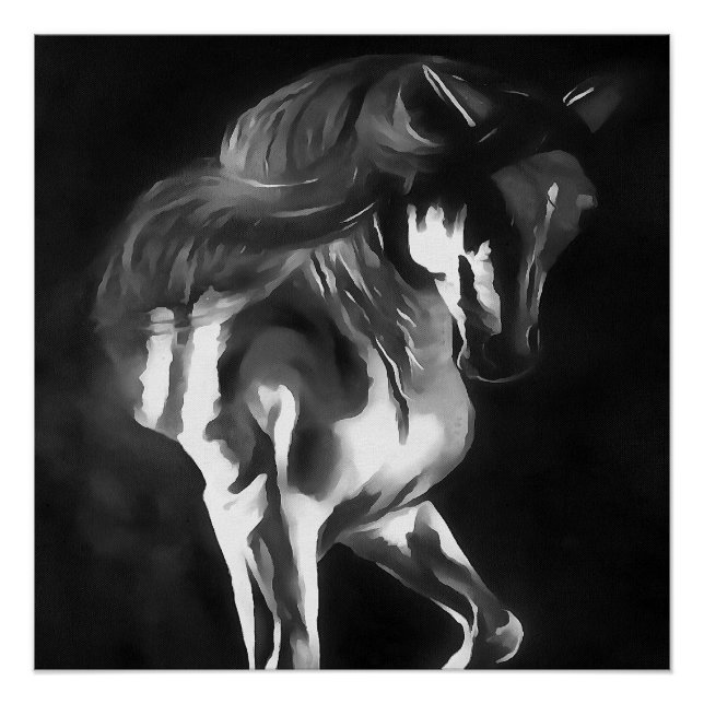 Poster Cheval En Gris Sur Noir (Devant)