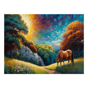 Poster Cheval et fleurs dans une prairie colorée