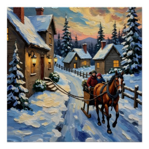Poster Cheval et traîneau vintage sur un Noël enneigé