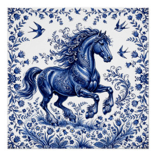 Poster Cheval frison de style Delft Delftware dans un pré
