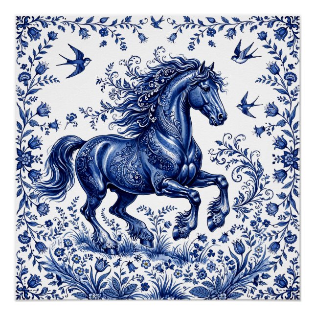 Poster Cheval frison de style Delft Delftware dans un pré (Devant)