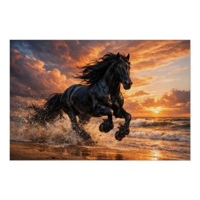 Poster Cheval Frison Noir au Coucher du Soleil, Course Pu (Devant)