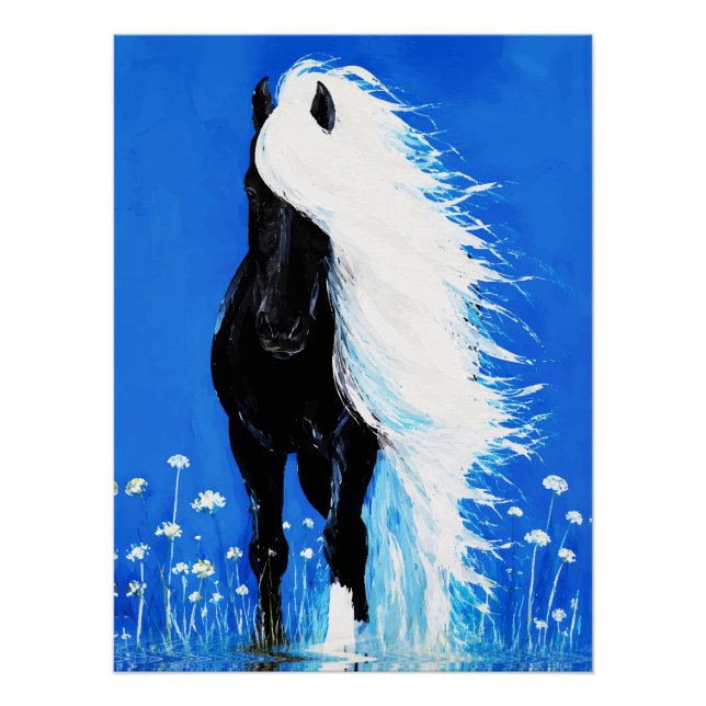 Poster Cheval noir à crinière blanche marchant sur l'eau (Devant)