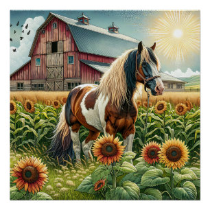 Poster Cheval tacheté, grange rustique, soleil levant sur
