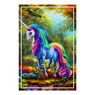 Poster Cheval Unicorne coloré dans la forêt-46567