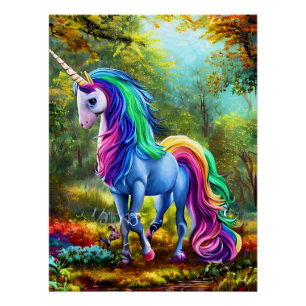 Poster Cheval Unicorne coloré dans la forêt-46567