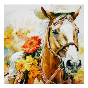 Poster Cheval vintage portant cowgirl casquette