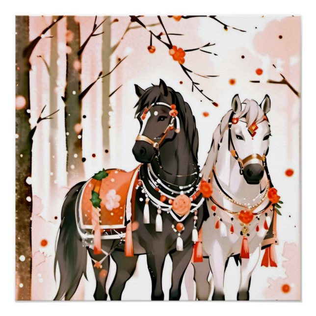 Poster Chevaux dans une forêt rouge (Devant)
