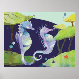 Poster Chevaux de mer bleus violets sous la mer