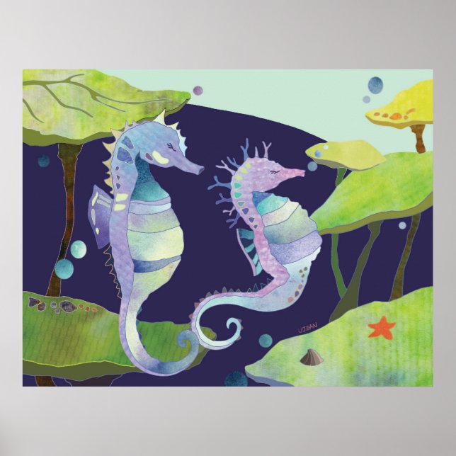 Poster Chevaux de mer bleus violets sous la mer (Devant)