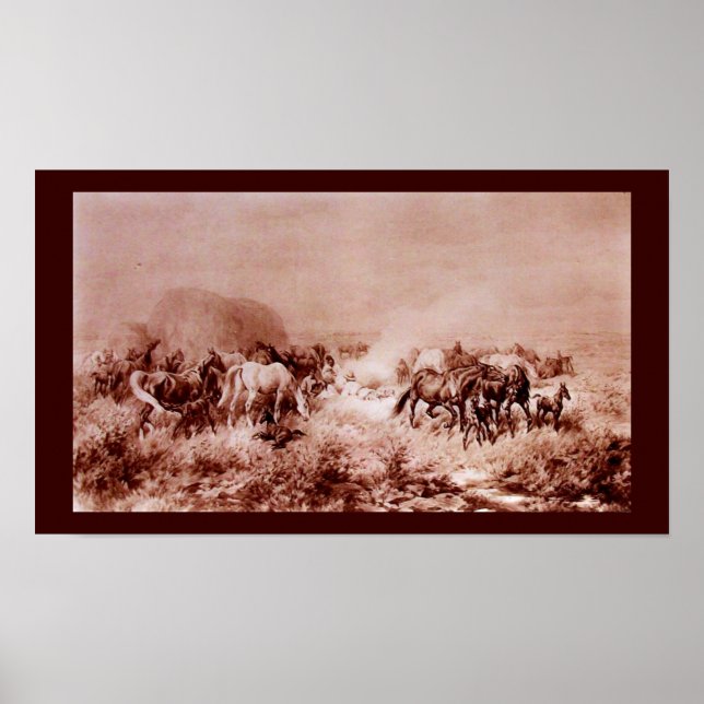 Poster CHEVAUX GRILLAGE Antique Brown, Sepia (Devant)