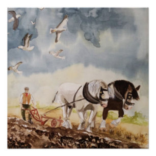 Poster Chevaux labourant aquarelle