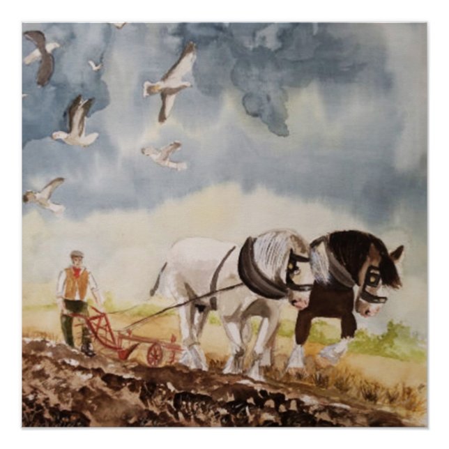 Poster Chevaux labourant aquarelle (Devant)