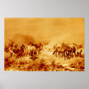 Poster CHEVAUX PÂTURANT Antique Orange Jaune Marron Sépia