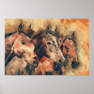 Poster Chevaux Peinture Aquarelle Artistique Décorative