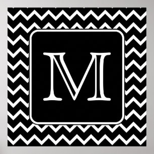 Poster Chevron noir et blanc avec Monogramme personnalisé